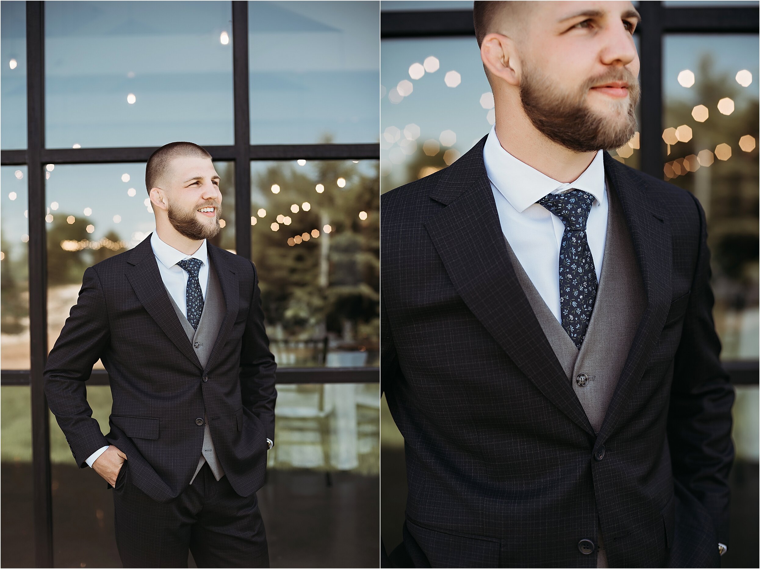 navy blue three piece suit with gray vest