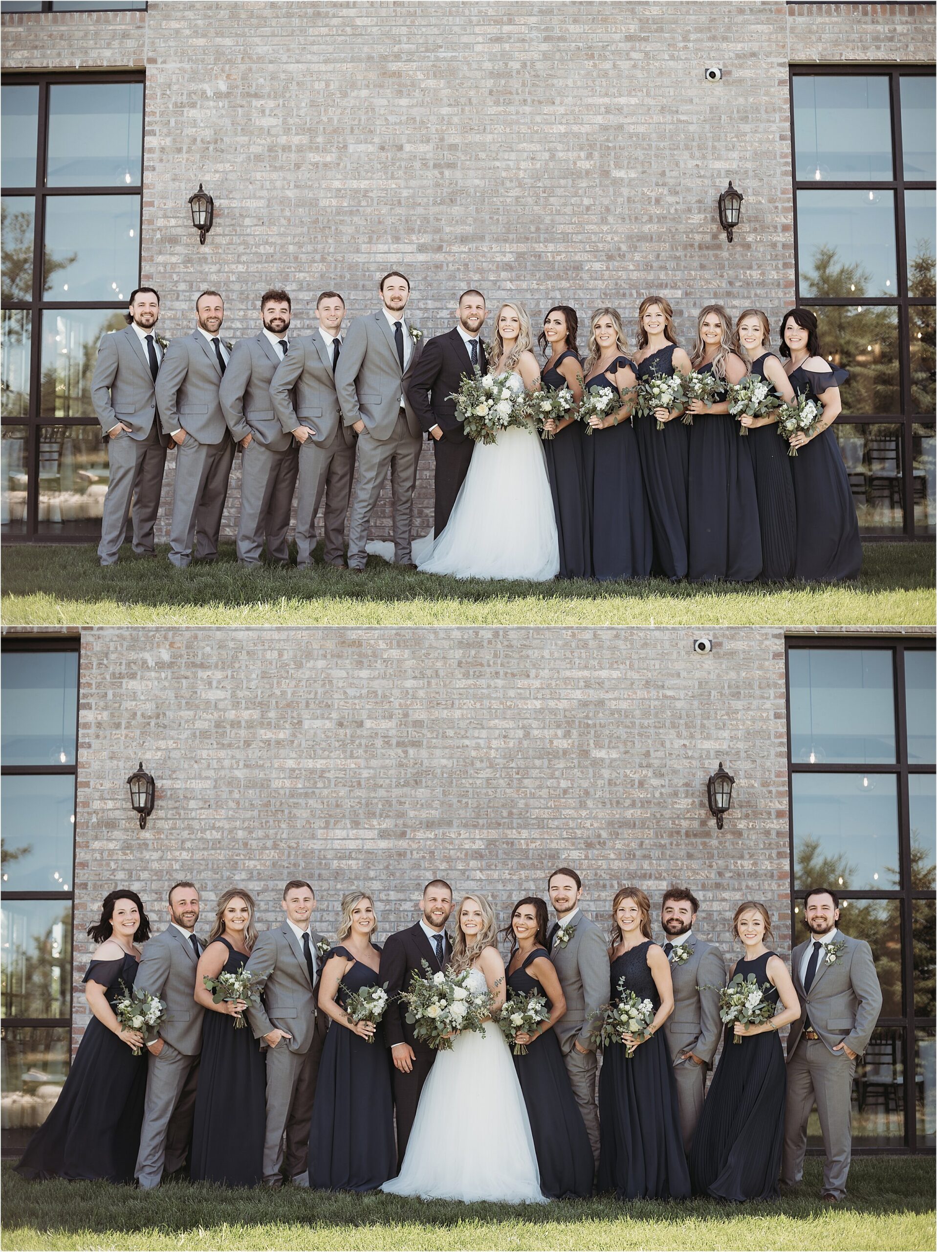 wedding party in navy blue chiffon dresses and gray suits