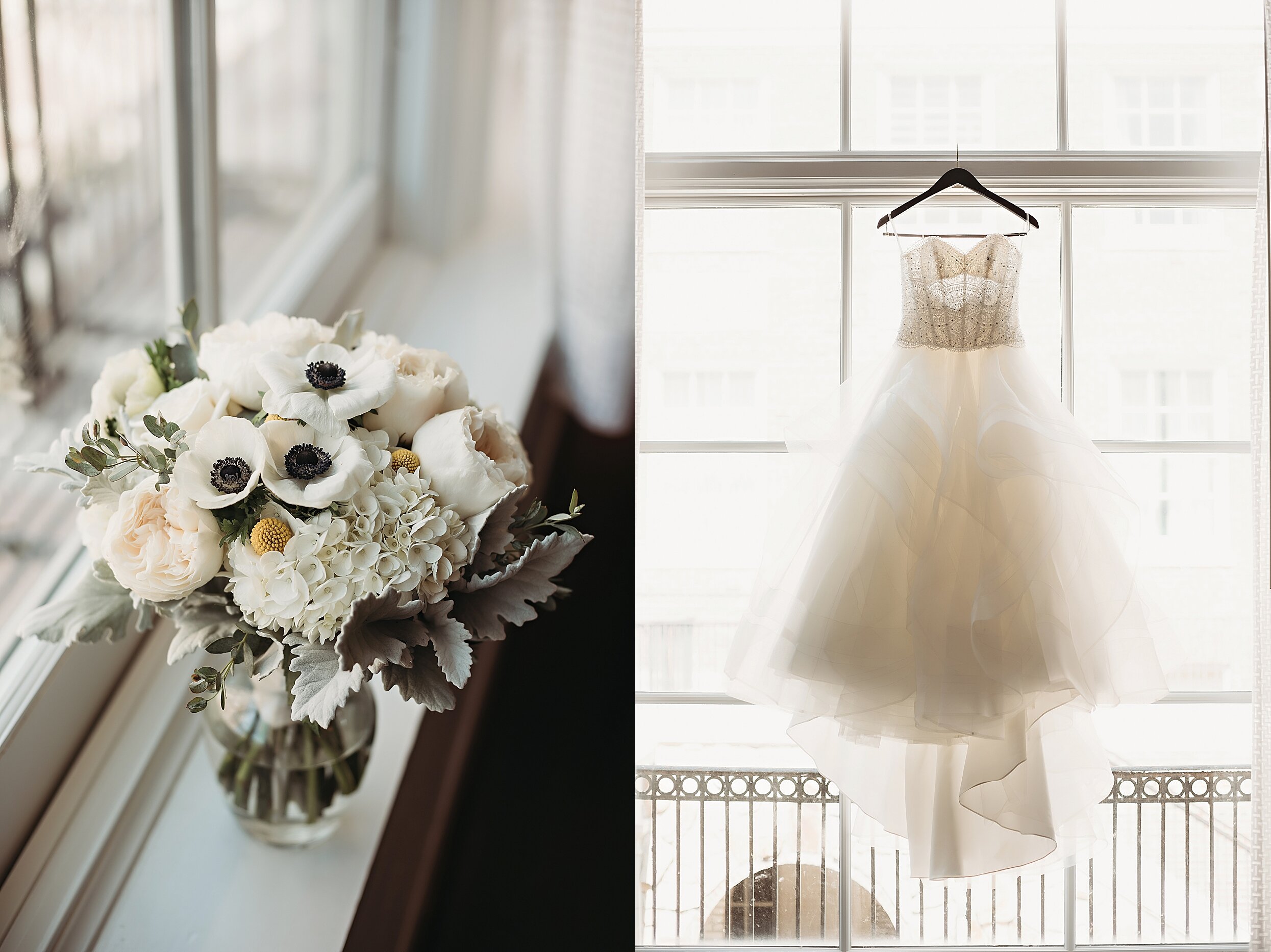 urban wedding details dress hanging in a window flowers on the windowsill