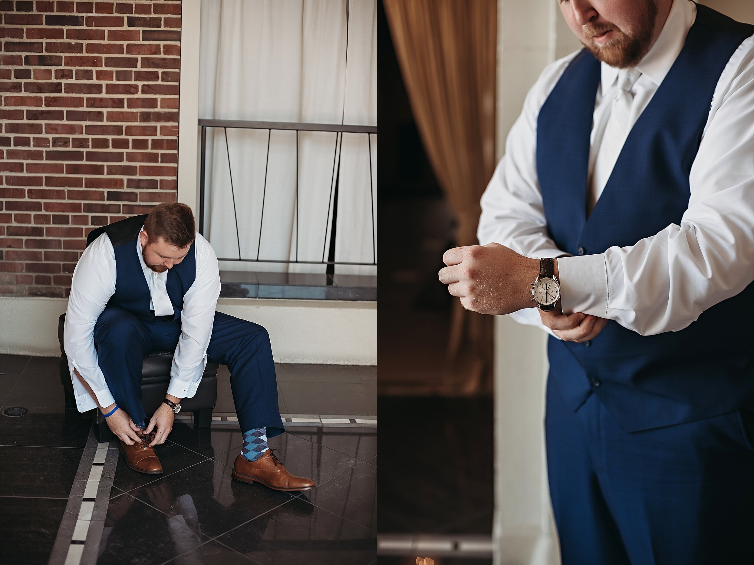 groom in navy three piece suit gets ready