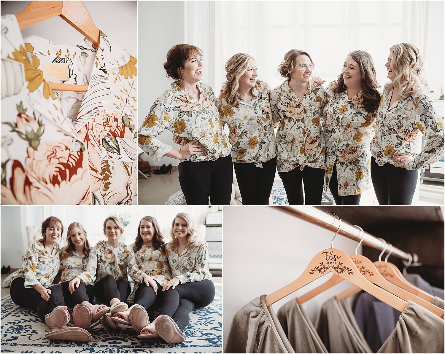 bridesmaids in floral button down shirts before wedding