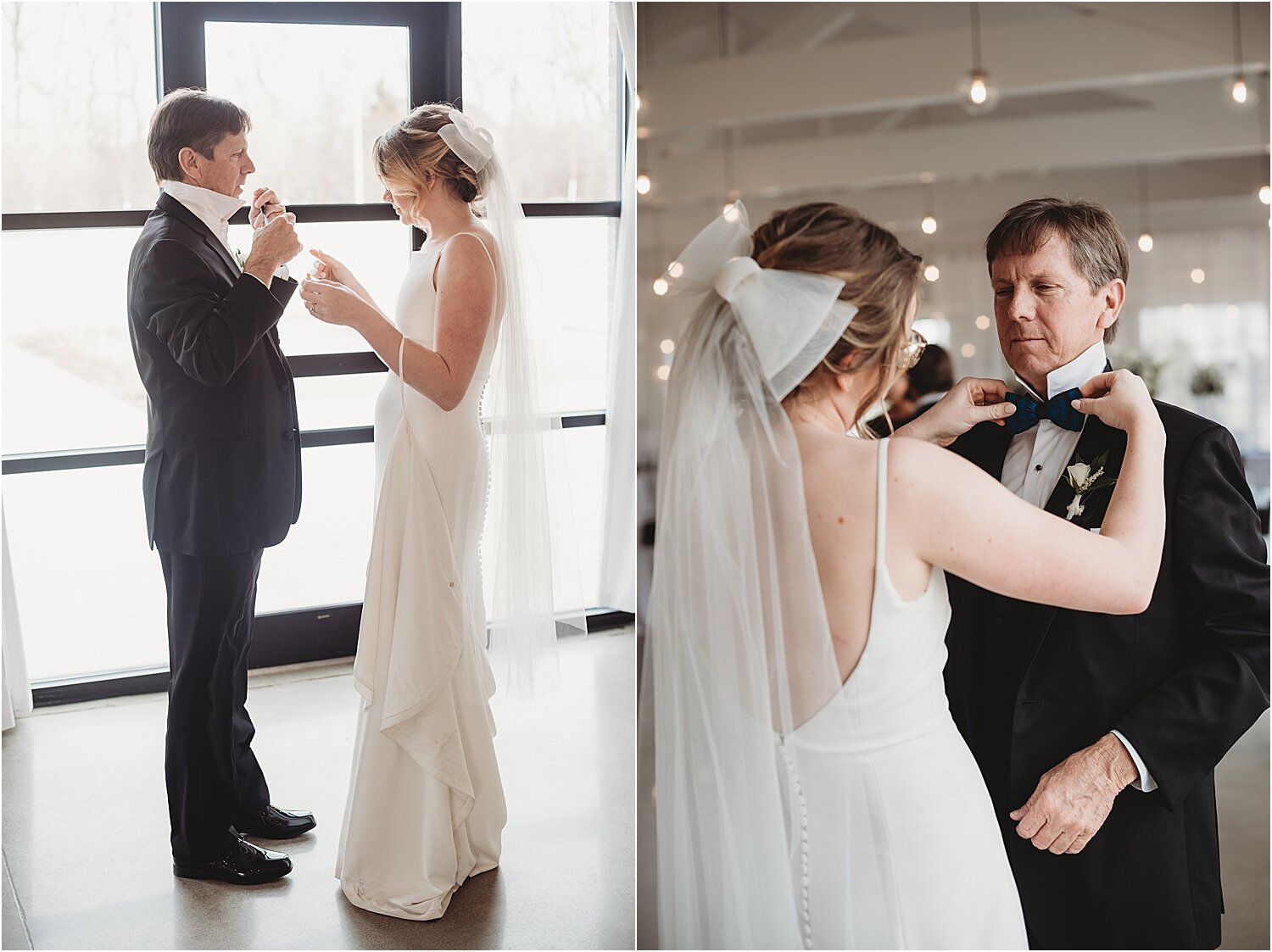 bride helps father of the bride put on his bow tie