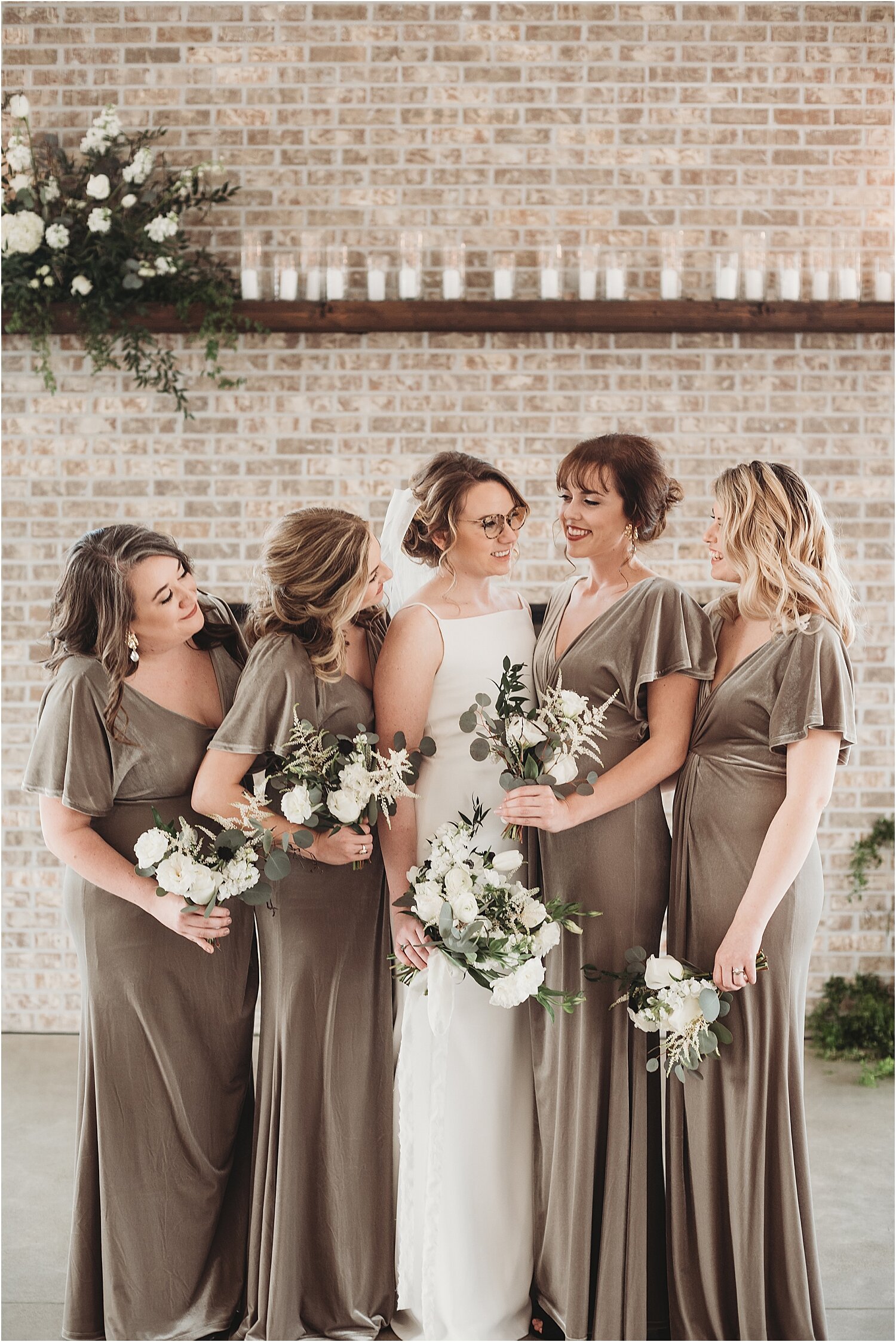 bridesmaids in velvet sage dresses