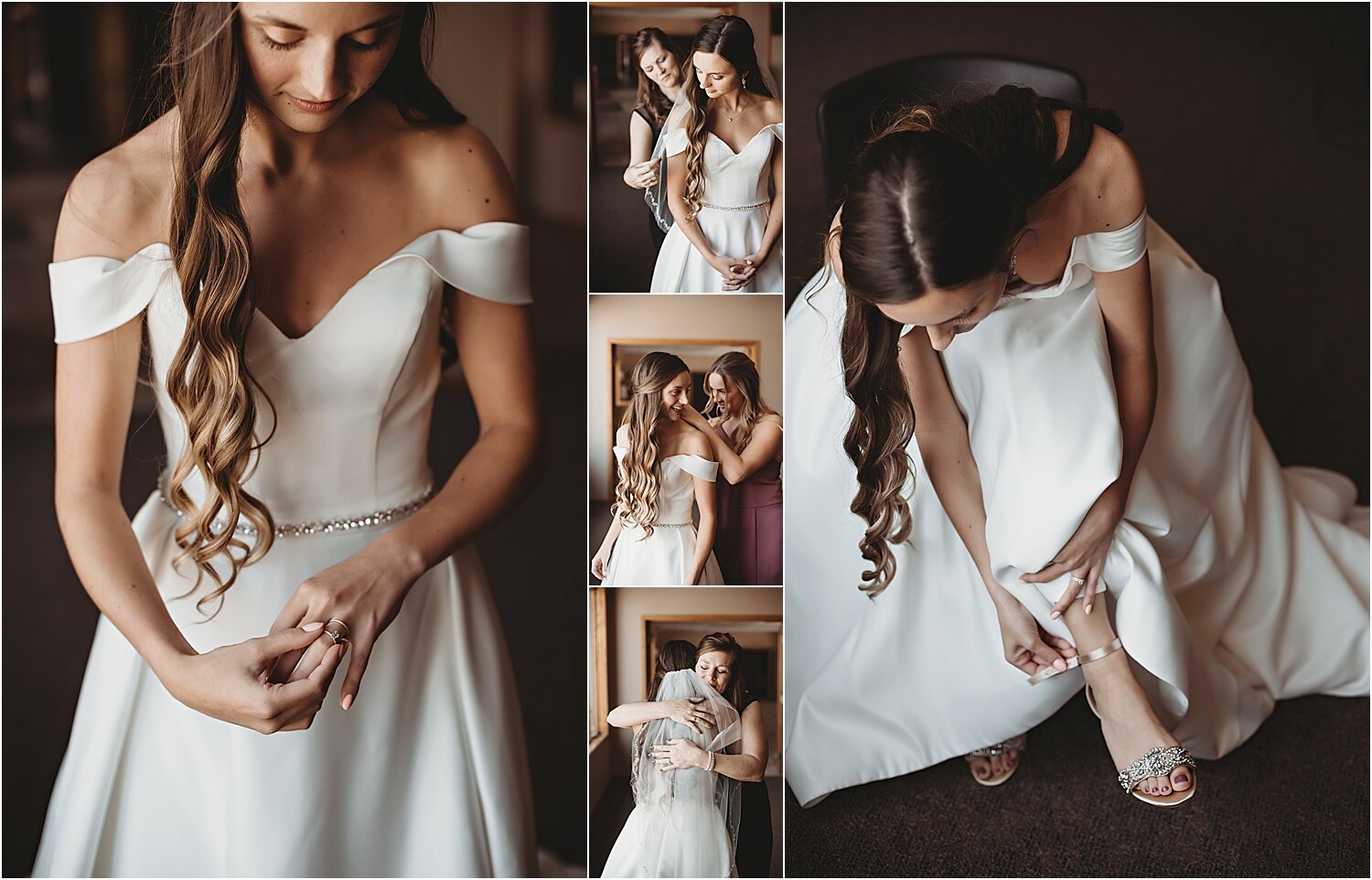 bride gets ready before her ceremony off the shoulder satin gown