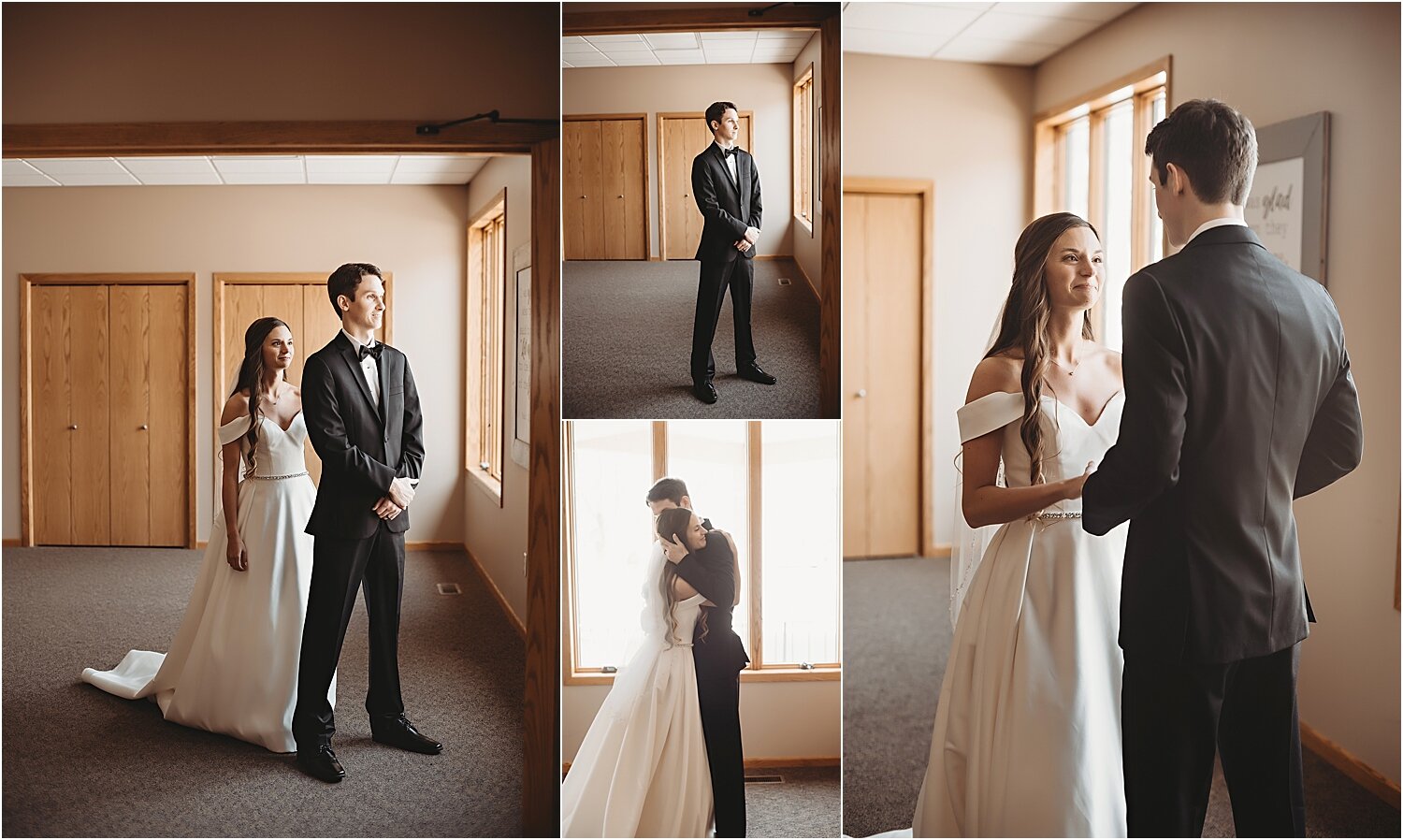 bride and groom indoor first look